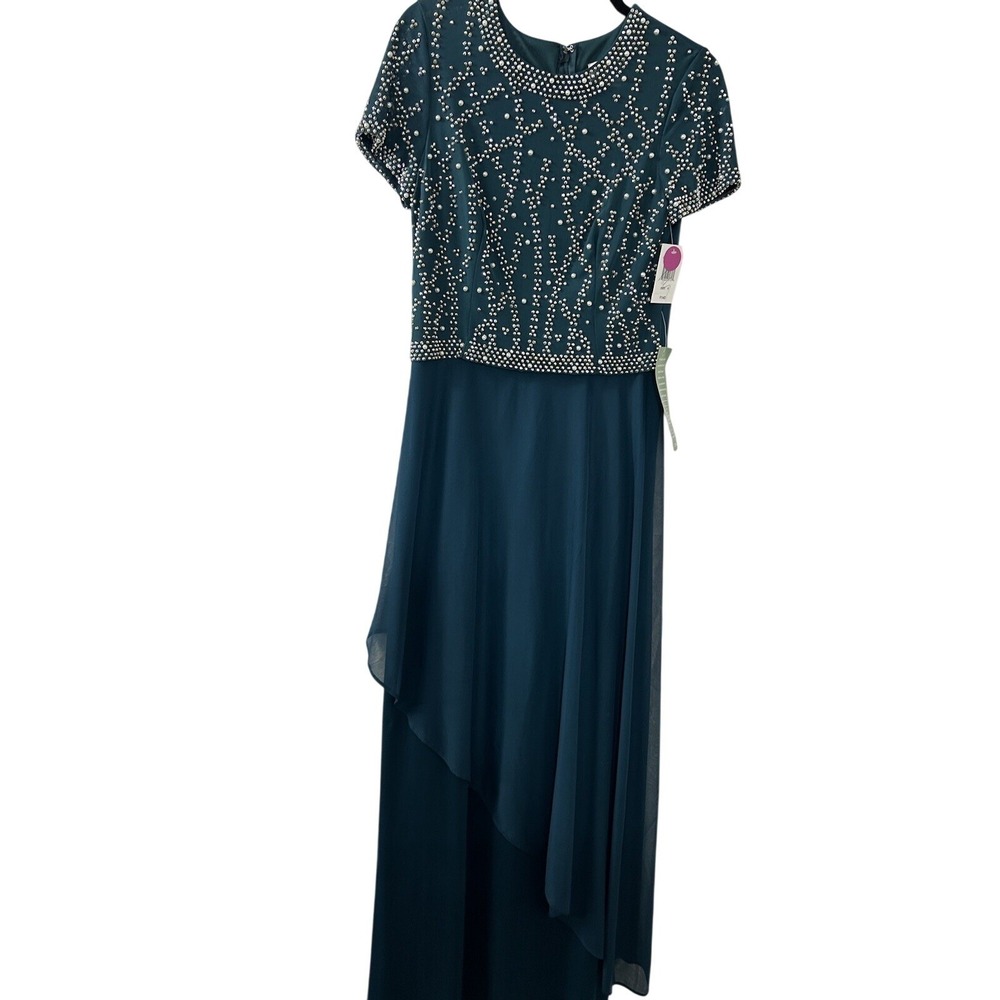 Jackie Jon Beaded Mesh Gown 6 Spruce Teal Pearl Asymmetrical Formal Gala Elegant